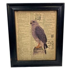 Handmade Upcycled Gray Hawk Bird Printed on Vintage Dictionary Page Wall Art